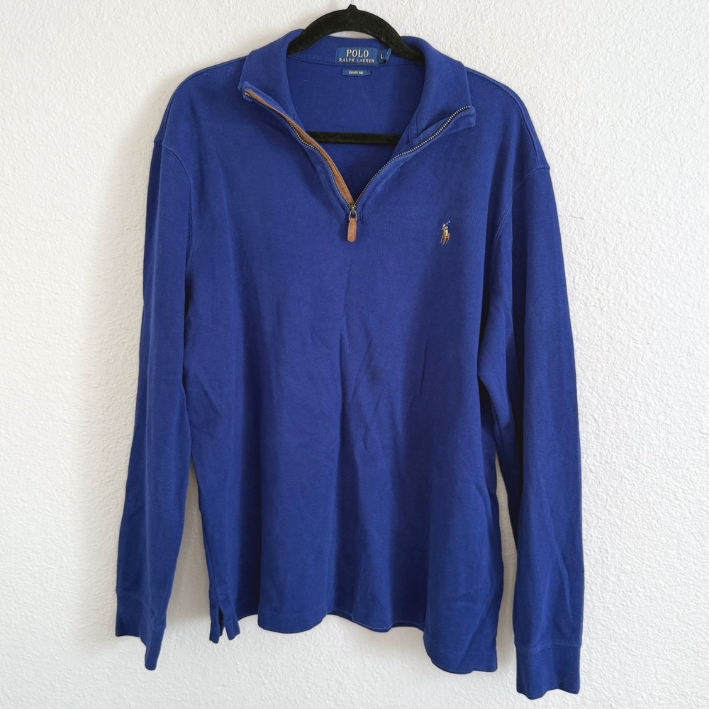 Polo Ralph Lauren Mens Large Estate Rib Quarter Zip Blue Flesh Pony Cotton - Picture 2 of 9